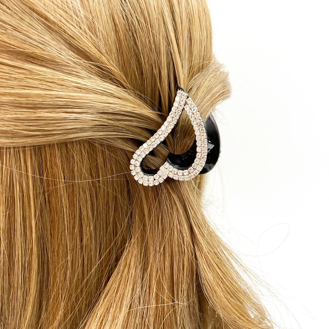 Luxury hair claw clip with rhinestone decorated, Heart shaped small size hair claw clip for thin ... | Etsy (US)