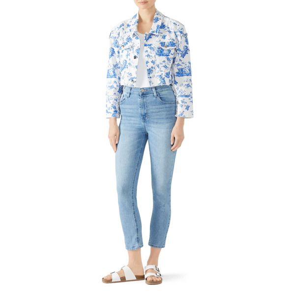 For Love and Lemons Delphine Cropped Denim Jacket print-white-blue | Rent the Runway