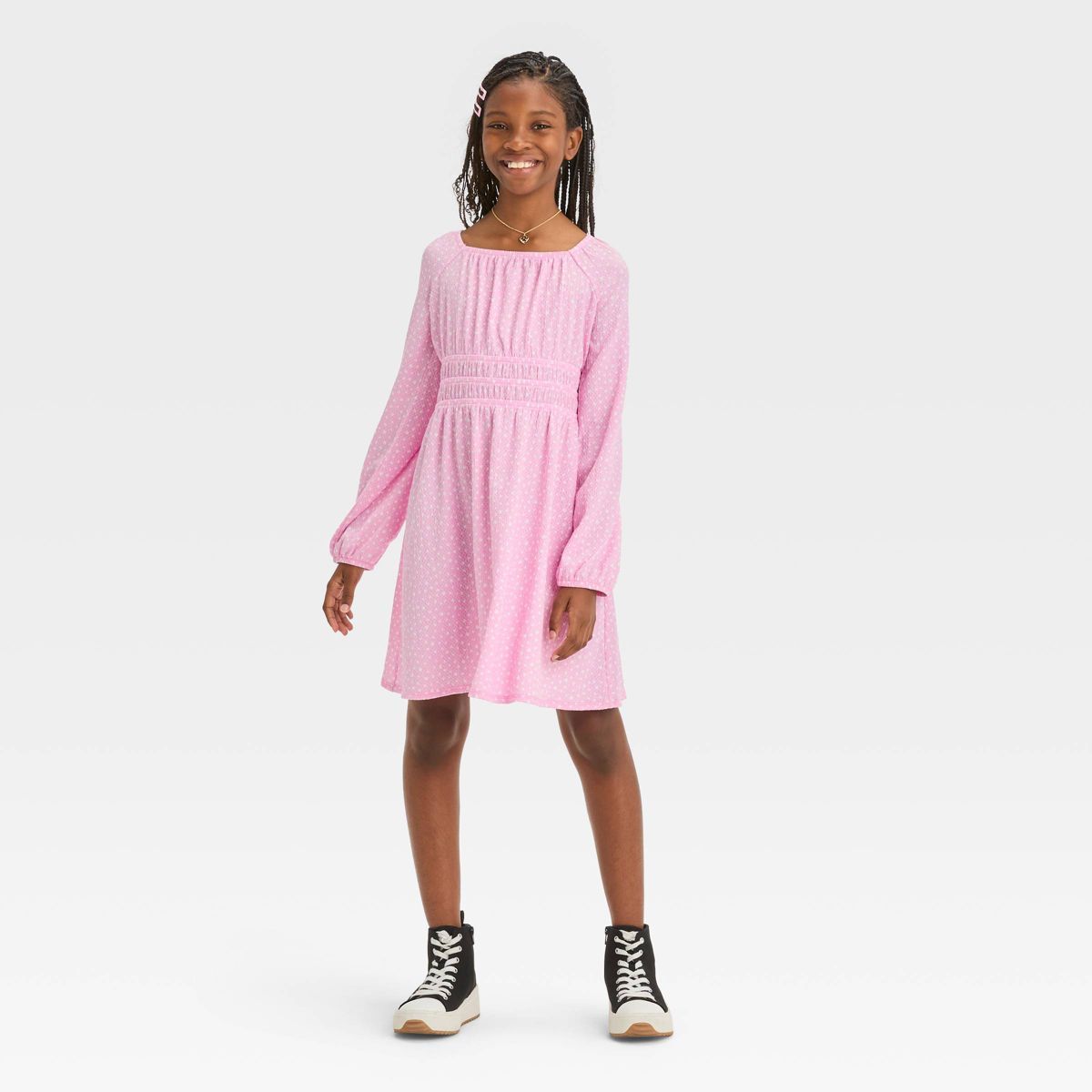 Girls' Long Sleeve Textured Ruched Dress - art class™ | Target
