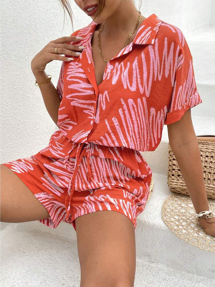 Brush Print Batwing Sleeve Knot Waist Shirt Romper | SHEIN
