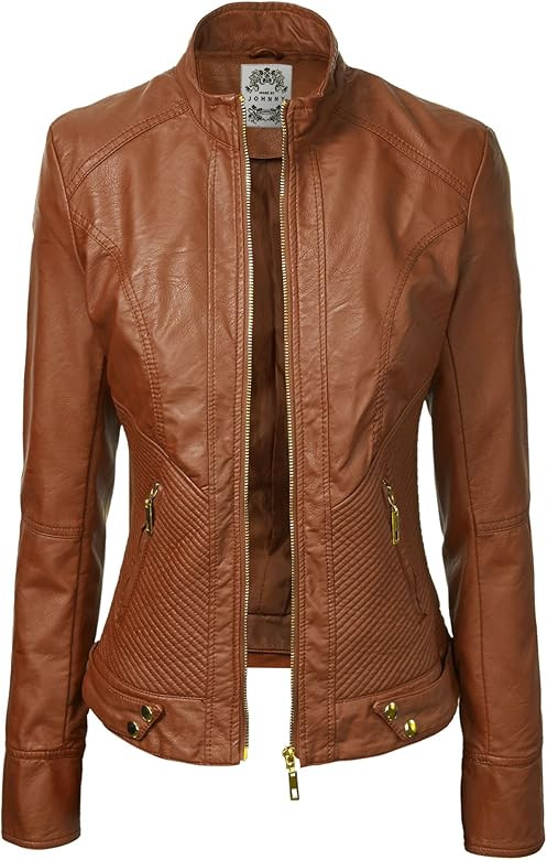 Made By Johnny MBJ Womens Faux Leather Zip Up Moto Biker Jacket with Stitching Detail | Amazon (US)