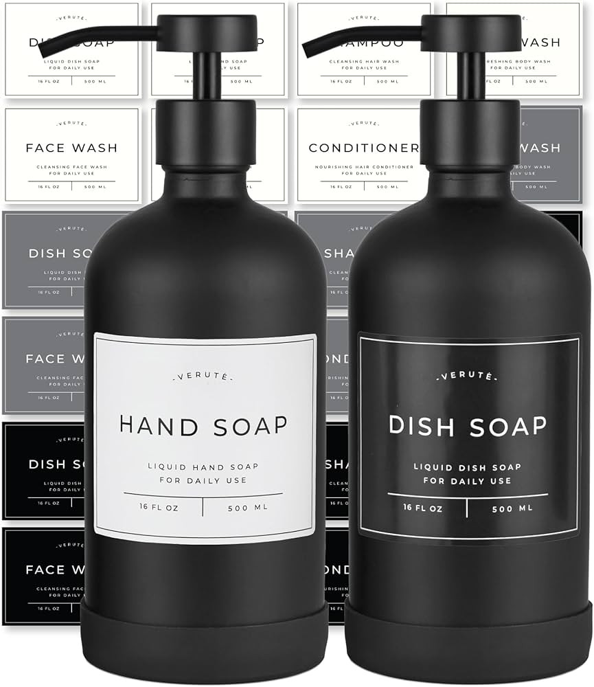 16oz Glass Soap Dispenser with Stainless Steel Pump, 21 Waterproof Labels, Non-Slip Protective Si... | Amazon (US)