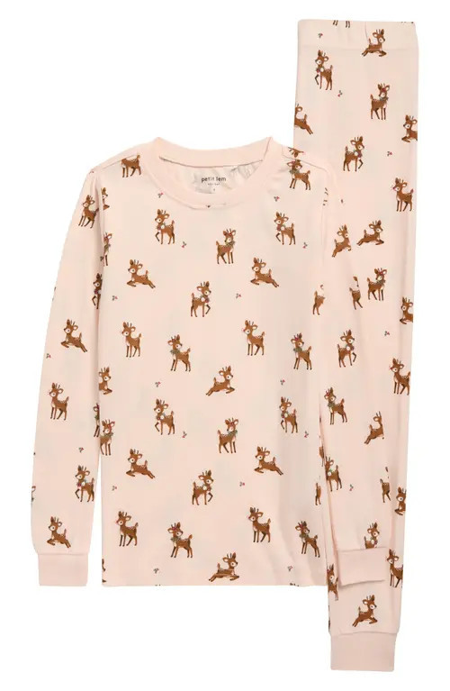 Petit Lem Kids' Reindeer Print Fitted Two-Piece Organic Cotton Pajamas in Light Pink at Nordstrom, Size 5 | Nordstrom