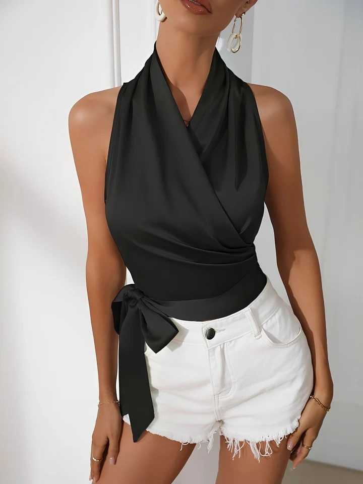 Satin Halter Neck Sleeveless Lace-Up Blouse | allegra-k