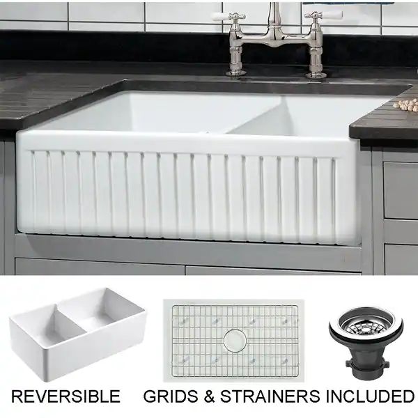 Sutton Place Fireclay 33" L x 18" W Double Bowl Farmhouse Kitchen Sink with Grid & Strainer in Wh... | Bed Bath & Beyond