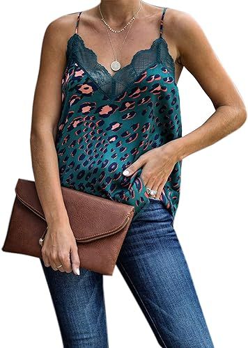 Blooming Jelly Women's V Neck Lace Crochet Tank Top Leopard Print Spaghetti Strap Cami Shirt | Amazon (US)