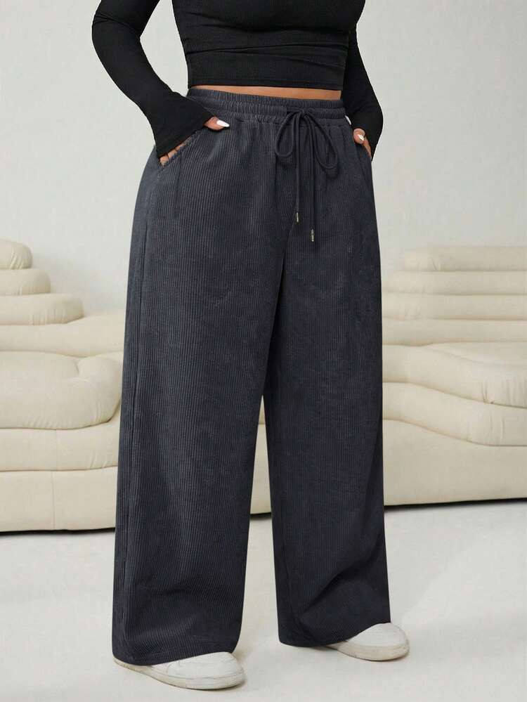 Solflare Plus Size Casual Corduroy Drawstring Waist Pants, Dark Gray, Autumn | SHEIN