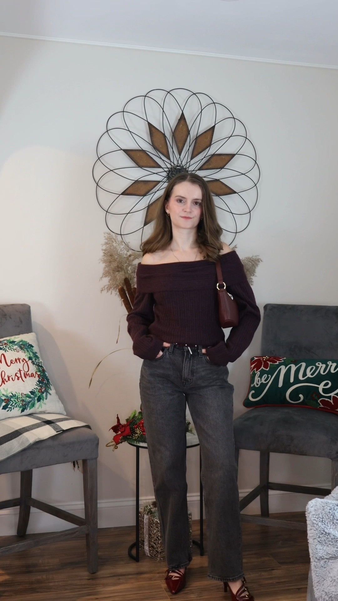 Cozy yet chic burgundy winter outfit featuring an off-the-shoulder sweater, gray straight leg jeans, and matching burgundy sling-back heels. Perfect for casual winter outfits, winter date night outfit ideas, or elevated holiday outfits. Finished with a burgundy shoulder bag and necklace for an effortless look from dinner to weekend plans


#LTKGiftGuide #LTKHoliday #LTKgrwm #LTKootd #LTKSeasonal #LTKU #LTKSaleAlert #LTKFindsUnder50 #LTKFindsUnder100 #LTKBeauty #LTKWorkwear

Sweater outfit | tops with jeans | date night tops | jeans outfit | jeans and a nice top | jeans and heels | jeans casual dinner | grey jeans | cute tops | classy heels | heels for jeans | sling back kitten heels | burgundy bag | outfit inspo | outfit ideas | holiday outfits | 