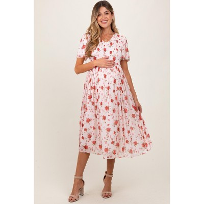 Pinkblush Light Pink Floral Smocked V-Neck Maternity Midi Dress Large | Target