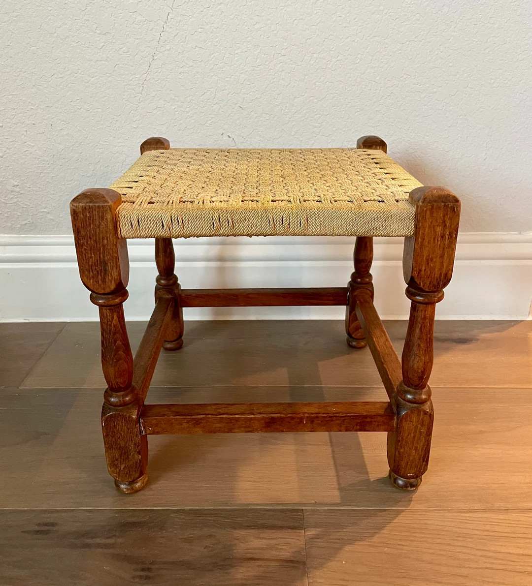 Vintage Wooden Woven Cord Footstool/ Woven Rope Wooden Stool/ Wown Rope Wooden Plant Stand | Etsy (US)