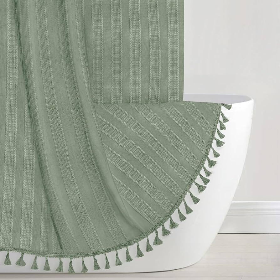 Sage Green Boho Shower Curtain with Tassel 72" W x 72" L Farmhouse Striped Shower Curtains for Ba... | Amazon (US)