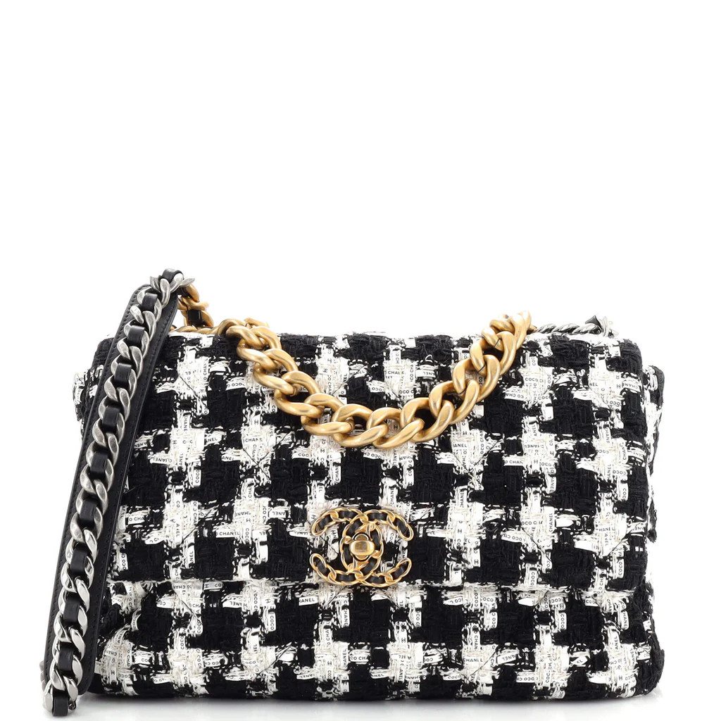 19 Flap Bag Quilted Houndstooth Tweed and Ribbon Large | Rebag