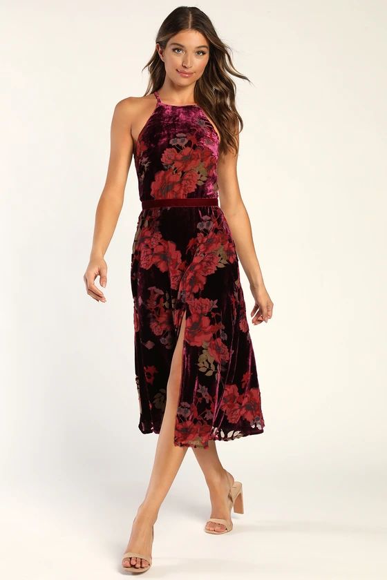 Endearing Style Burgundy Floral Print Burnout Velvet Midi Dress | Lulus (US)