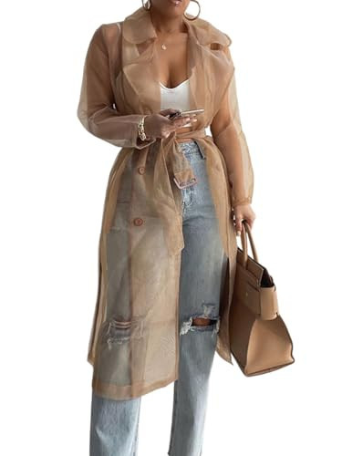 CHICME Women Longline Trench Coat Sheer Mesh Long Sleeve Buttoned Coat Daily Sun Protection Transparent Jacket Coat with Belt Nude-S | Amazon (US)