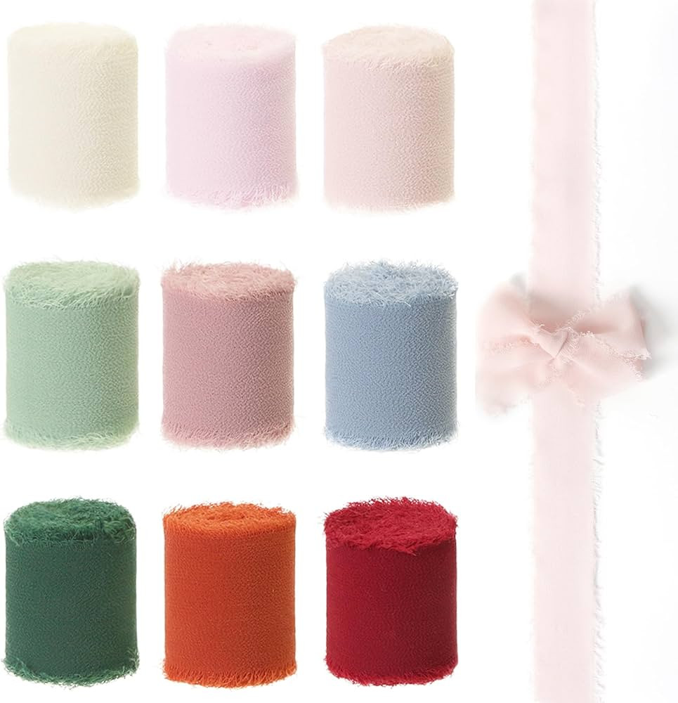 FEXIA 1.5" x 36Yd Handmade Chiffon Ribbon for Gift Wrapping Mixed Color 4Yd x 9 Rolls Fringe Ribb... | Amazon (US)