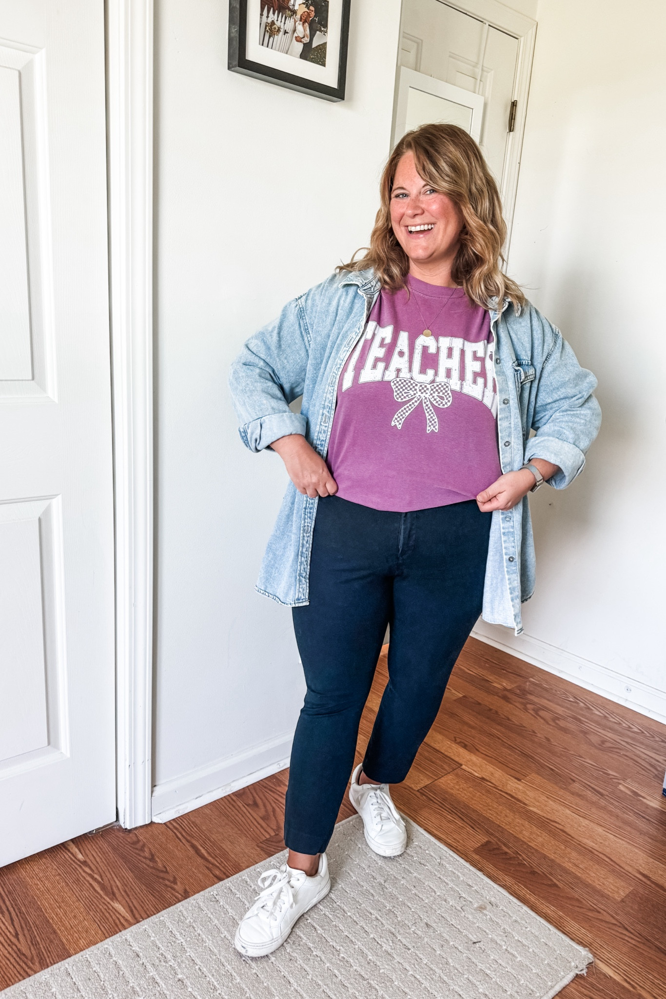 Easy & realistic teacher outfit - teacher tee, pixie pants, & denim shirt 

Tee- large
Shirt - large
Pixie pants - 14 petite 

#LTKFindsUnder50 #LTKWorkwear #LTKMidsize