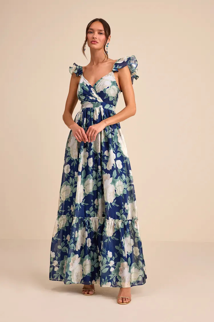 Soiree Perfection Navy Floral Ruffled Tiered Maxi Dress | Lulus