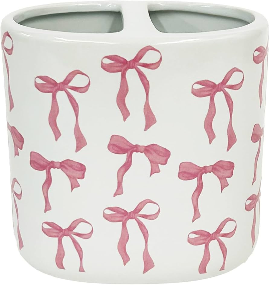 CORE HOME Ceramic Toothbrush Holder with Pink Bow Print | Cute Bathroom Organizer for Toothbrushe... | Amazon (US)