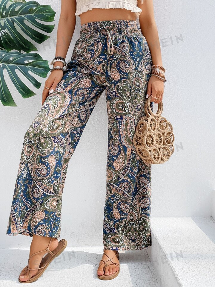 SHEIN VCAY Paisley Print Tie Front Wide Leg Pants | SHEIN