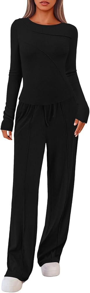 Lazysmile Lounge Sets For Women 2 Piece Sets Fall Outfits Long Sleeve Tops with Wide Legs Pants C... | Amazon (US)