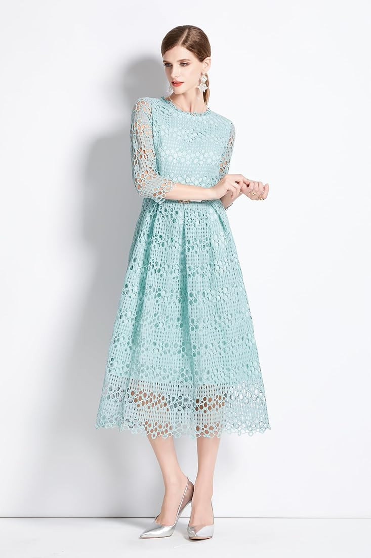 LAI MENG FIVE CATS Womens 3/4 Sleeve A-Line Lace Bridesmaid Midi Dress Wedding Guest Formal Party... | Amazon (US)
