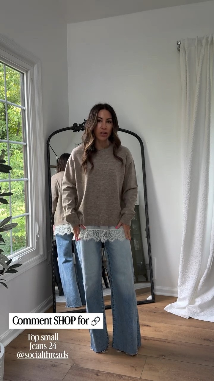 Small sweater. Wide leg jeans, 24. I sized down.

#LTKOver40 #LTKPetite