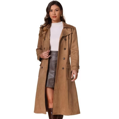 INSPIRE CHIC Women's Faux Suede Notched Lapel Double Breasted Belted Long Sleeve Trench Coat Large Brown | Target