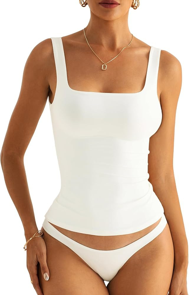 Womens Square Neck Double Lined Tank Tops Low Back Fitted Sleeveless Tops | Amazon (US)