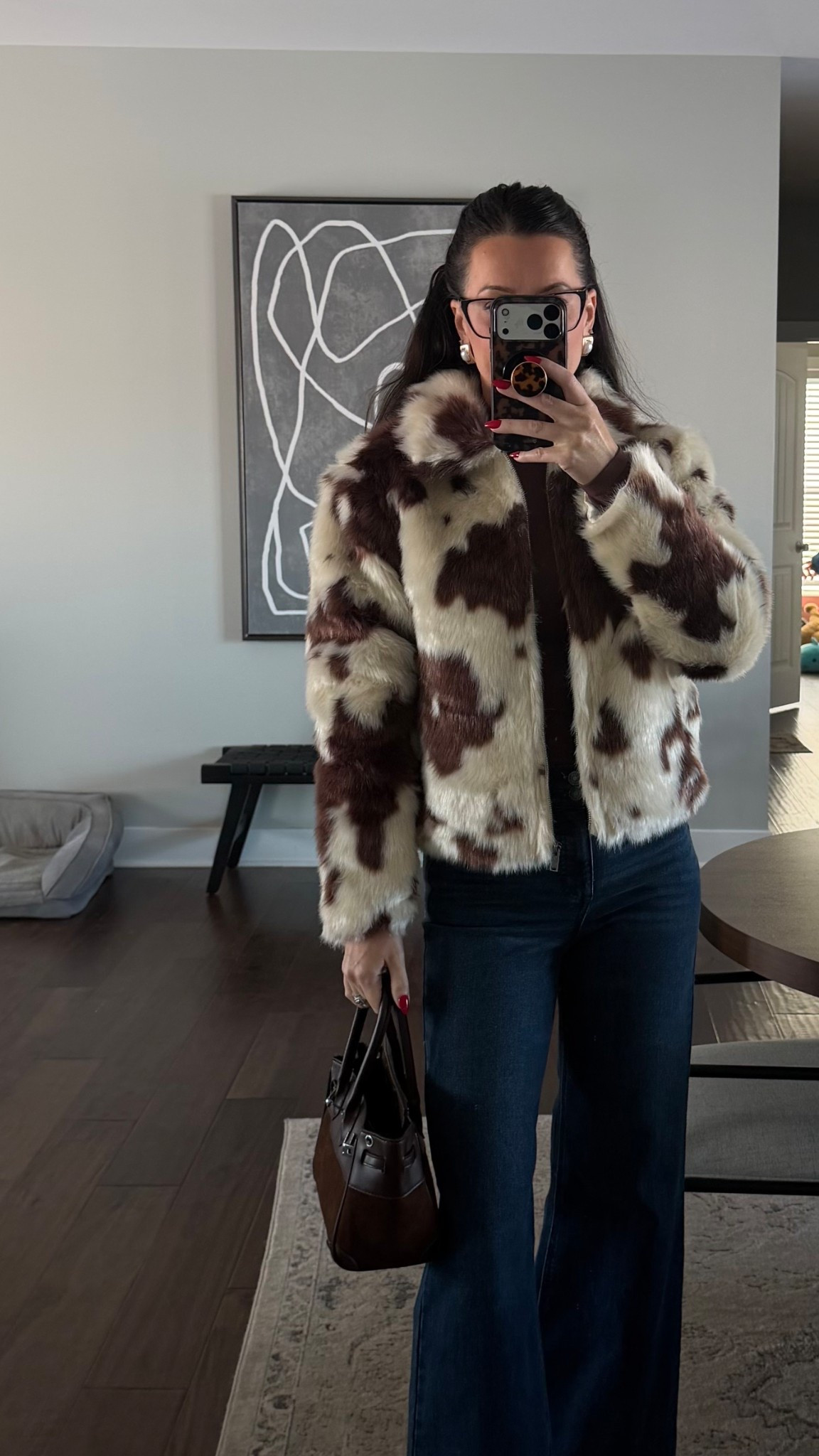 Cow print fur jacket @Target 
Dark wash jeans Walmart
Bag Amazonn