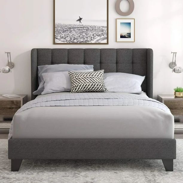 Einfach Full Platform Bed Frame with Square Stitched Headboard, Dark Grey - Walmart.com | Walmart (US)