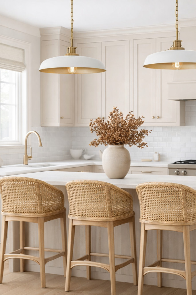 Cozy neutral kitchen . counter stools . pendant lights . sconce . cabinet hardware . vase . kitchen design 

 #LTKHome #LTKSaleAlert