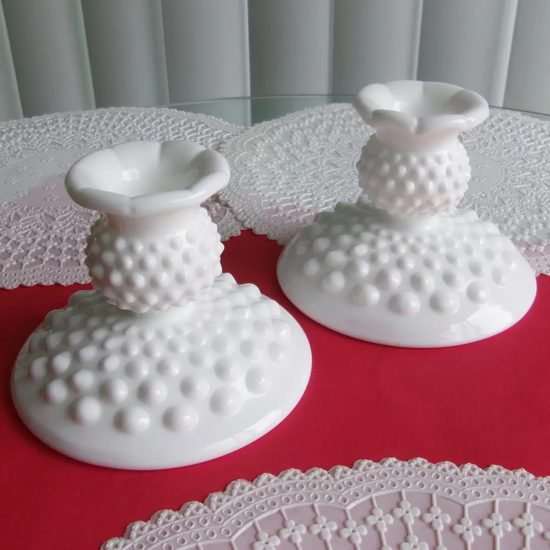 Vintage Hobnail Milk Glass Candlestick Holder Pair - Etsy | Etsy (US)