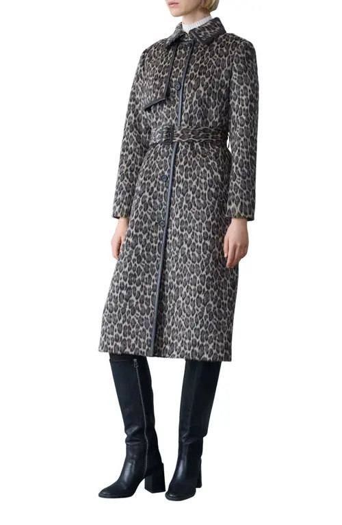 Mackage Zeva-A Leopard Pattern Wool Blend & Leather Trench Coat in Light Camel Multi at Nordstrom, Size Large | Nordstrom