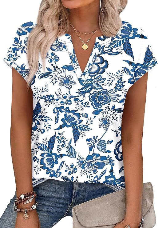 WIHOLL Womens Summer Tops V Neck T Shirts Cap Sleeve Business Casual Outfits Loose Fit Beach Vaca... | Amazon (US)