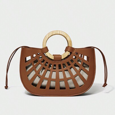 Basic, Elegant Women Top Handle Bag, Large Capacity Bag,For Ladies, For Women,For Vacation, For Holiday,For Commute,For Summer,Hollow Bag,Wooden Handl | SHEIN