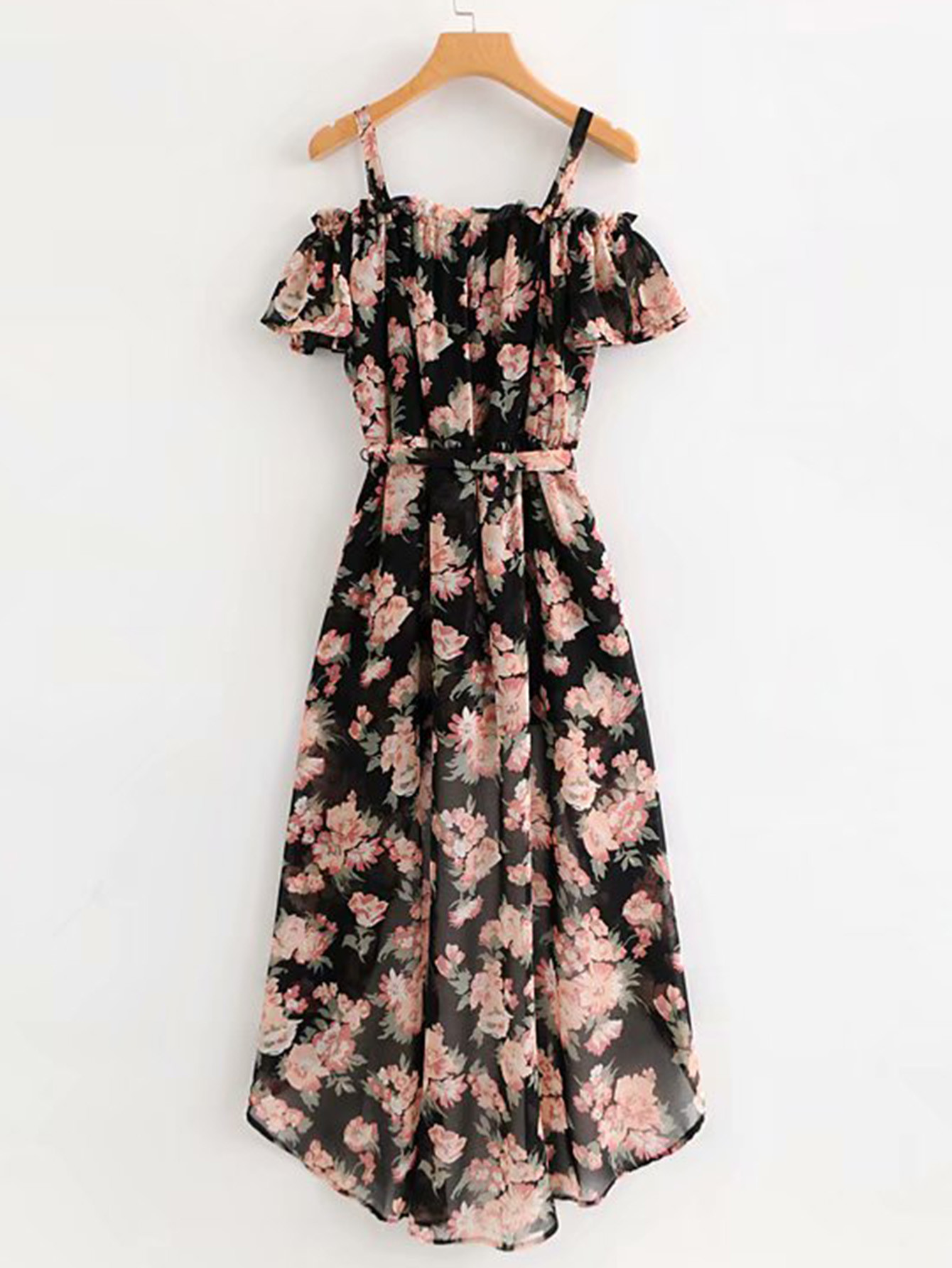 Self Tie Floral Print Tulip Hem Chiffon Jumpsuit | SHEIN