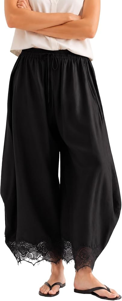 Womens Cropped Wide Leg Pants Drawstring Elastic Waist Lace Trim Boho Pants | Amazon (US)