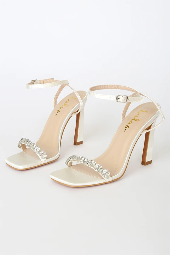 Goldiena White Satin Rhinestone Ankle Strap Heels | Lulus (US)