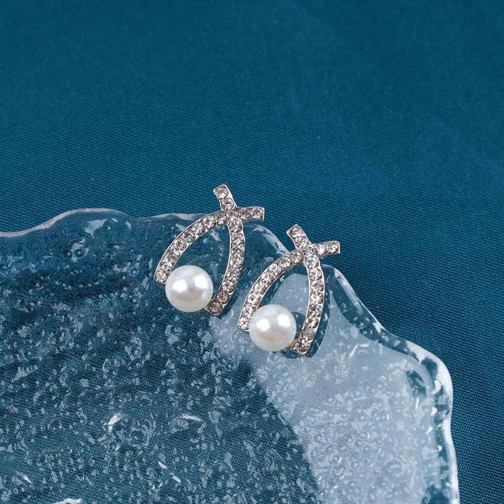 Vintage Crystal Pearl Earrings Pearl Drop Stud Earrings Gold Cz X Earrings Cz Cross Criss Bar Ear... | Amazon (US)