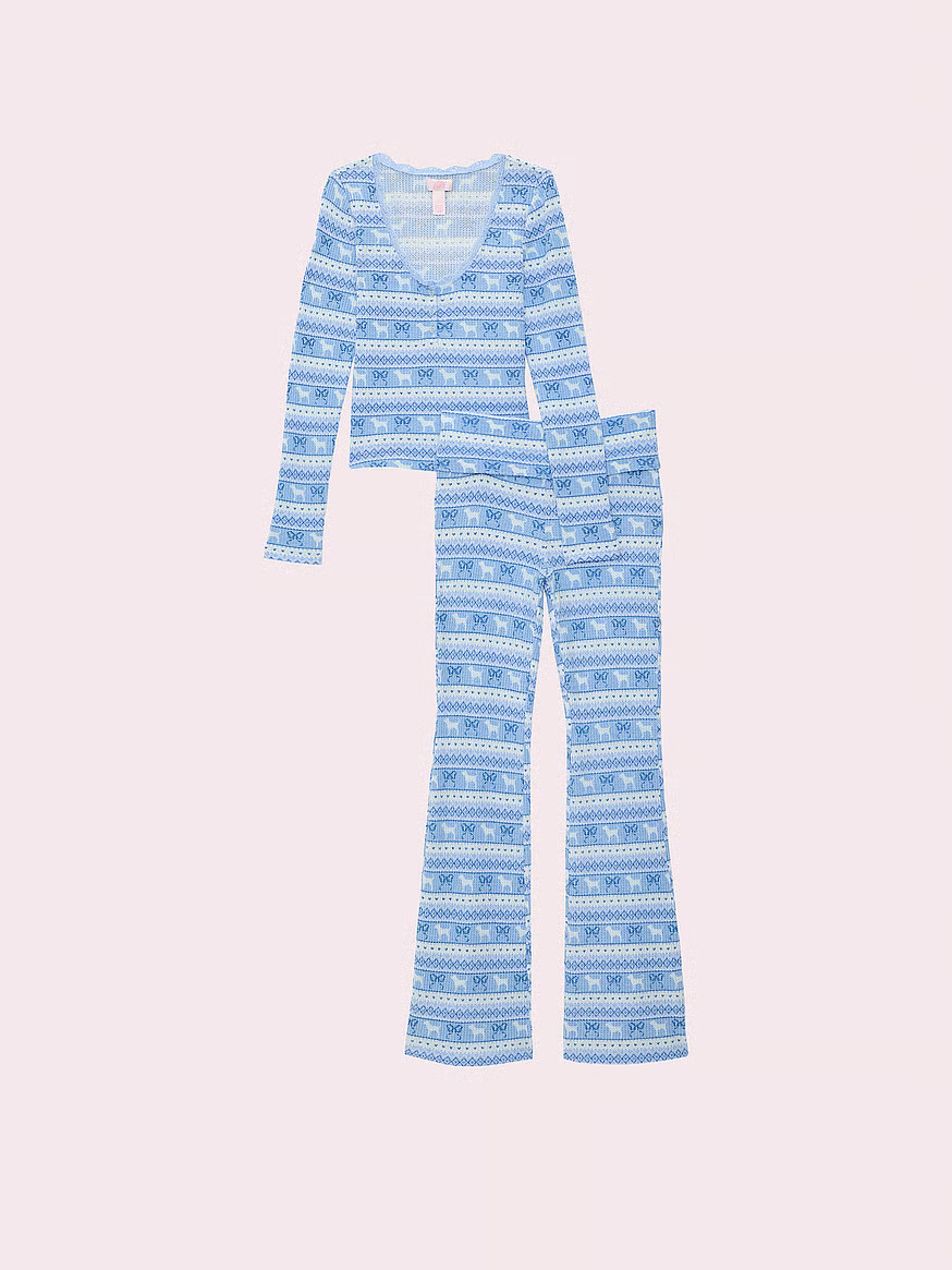 Buy PINK x LoveShackFancy Waﬄe Long Pajama Set, Windsurfer Blue Fairisle - Order Pajamas Sets o... | Victoria's Secret (US / CA )