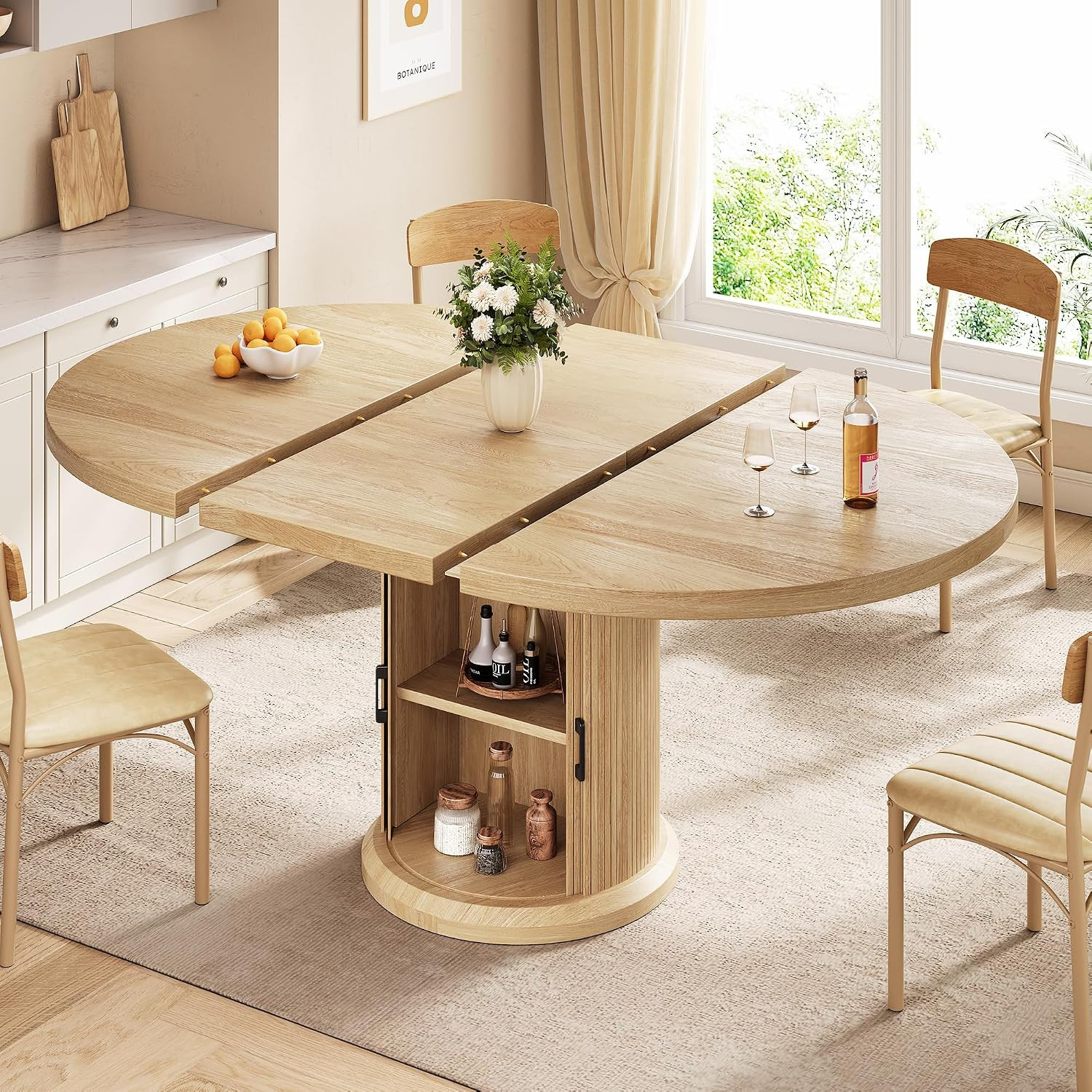 Jocoevol 47″–63″ Extendable Round Kitchen Dining Room Table for 4-6 with 2-Tier Storage Shelf Dust-Proof, Space Saving Expandable Wood Oval Circle Dinner Furniture with Pedestal Base (Natural Oka) | Amazon (US)