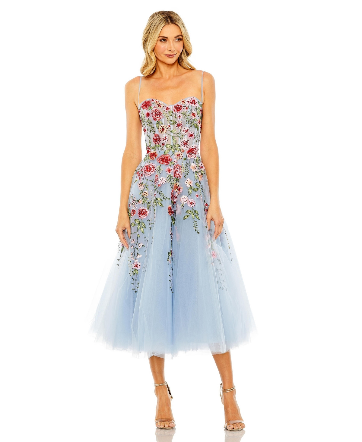 Mac Duggal Women's Bustier Embroidered Floral A-Line Dress - Powder blue | Macy's
