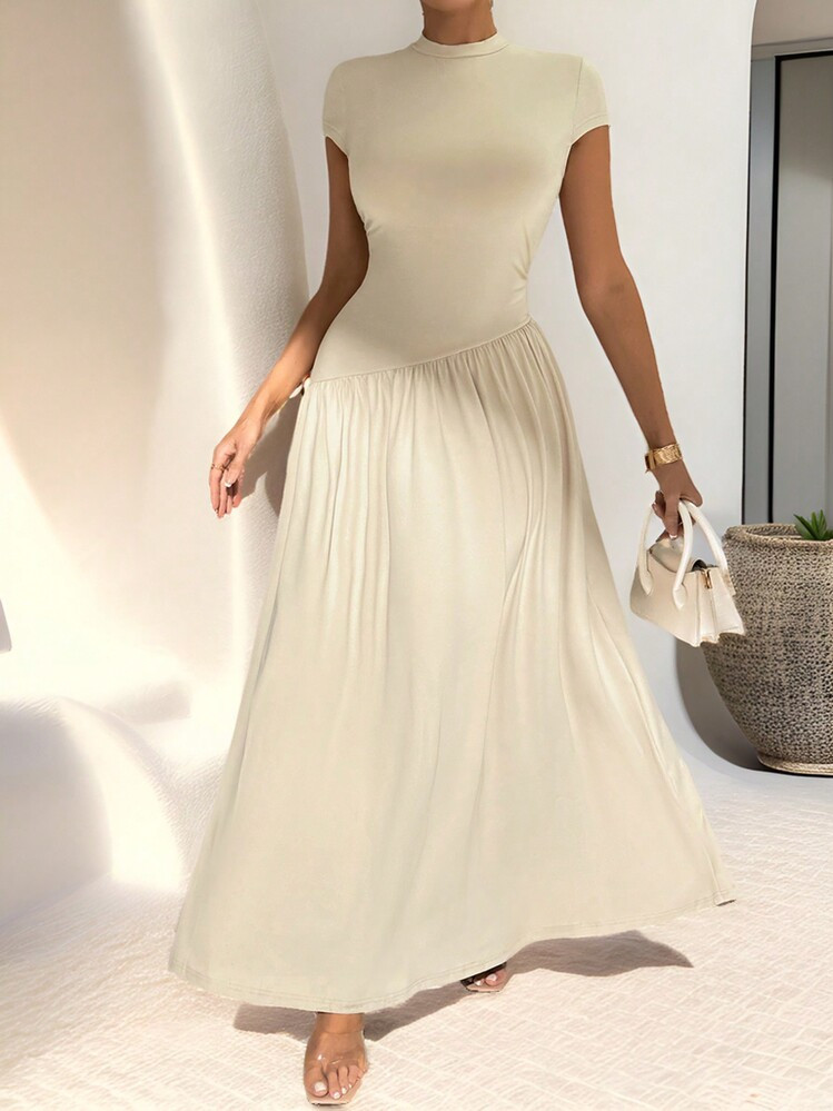 Firerie Simple Elegant Daily Wear Chic Solid Color Short Sleeve Slim Fit Stand Collar Asymmetrical A-Line Waist-Cinched Long Dress,Ladies Casual Pleated Sleeveless Stand Collar Slim Fit Long Khaki Batwing Sleeve Colorblock,Plain A Line Women Long Dresses,Spring/Summer,Casual Daily Wear,Summer Dresses For Women,Graduation,Teacher Outfits For Women,Teacher Dress | SHEIN