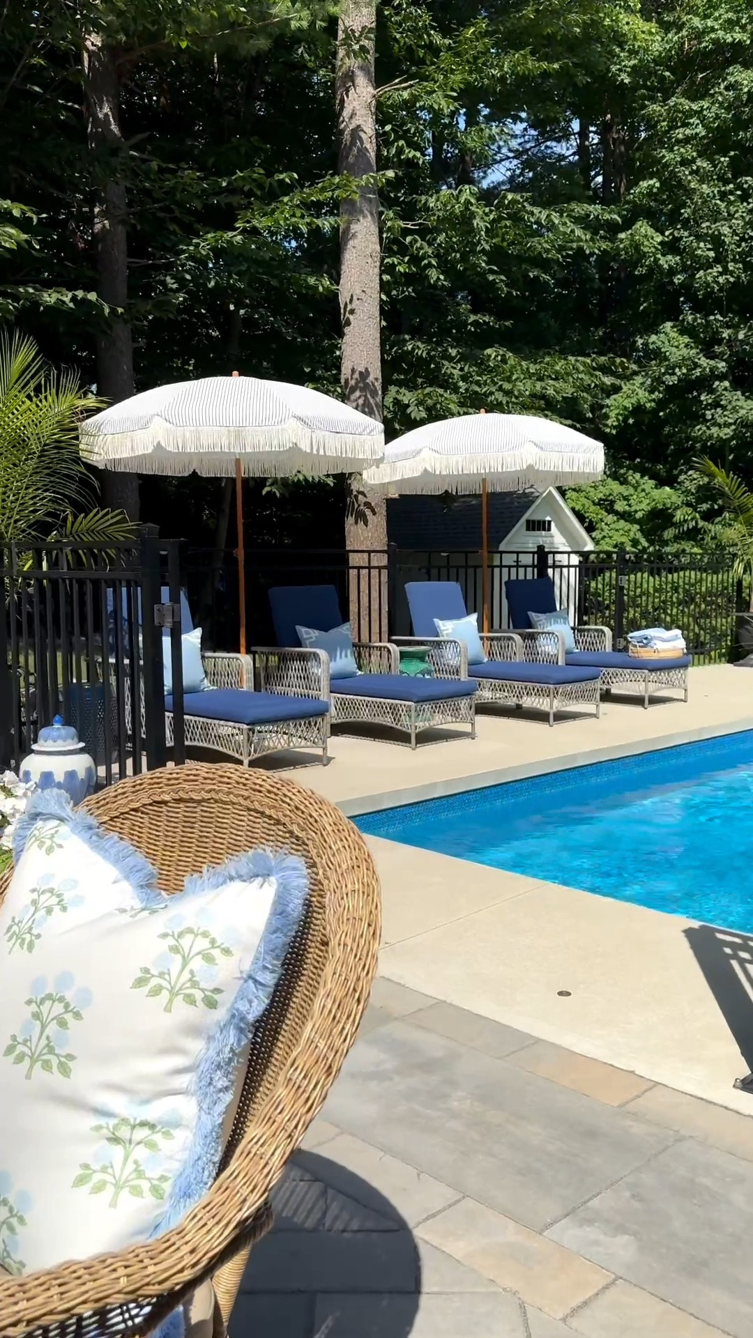Who wants to come and lounge out here? Or swim! This is our happy place all summer long! Chic European resort vibes was the look we wanted out here…it’s definitely our favorite place to be!💙🩵💚

Chic indoor/outdoor pillow covers from @hofdeco.official are the perfect layer out here! Use code TAMARA15 to get 15% off!