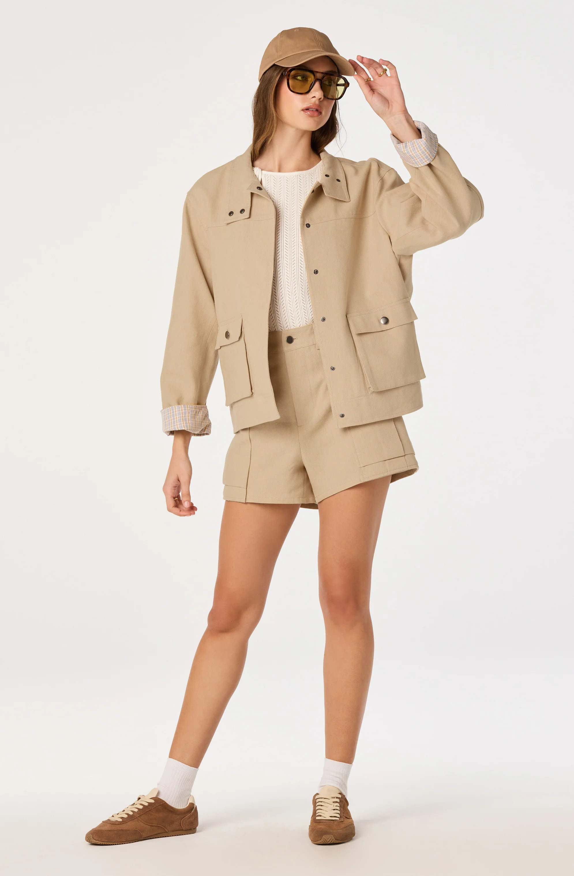 Beron Utility Jacket with Plaid Trim - Tan / S | ASTR The Label (US)