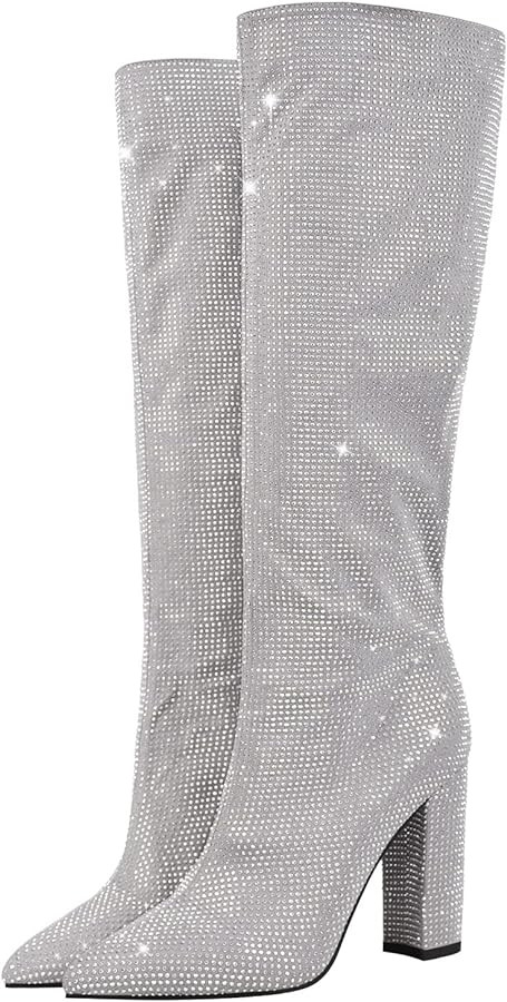 onlymaker Knee High Boots Chunky Heels Slip-on Point Toe Glitter Booty | Amazon (US)