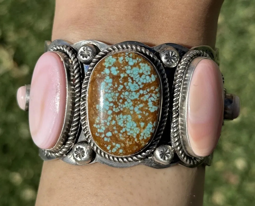 Navajo Native Sterling Silver Number 8 Turquoise Pink Conch Row Cuff Bracelet RY | Etsy (US)