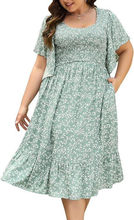 Keluummi Plus Size Wedding Guest Midi Dress for Curvy Women, Summer Casual Boho Floral Empire Wai... | Amazon (US)