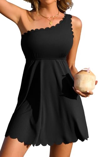 Charmo Ribbed One Shoulder Swim Dress Scalloped Tummy Control Swimsuits for Women Swimwear Built-... | Amazon (US)