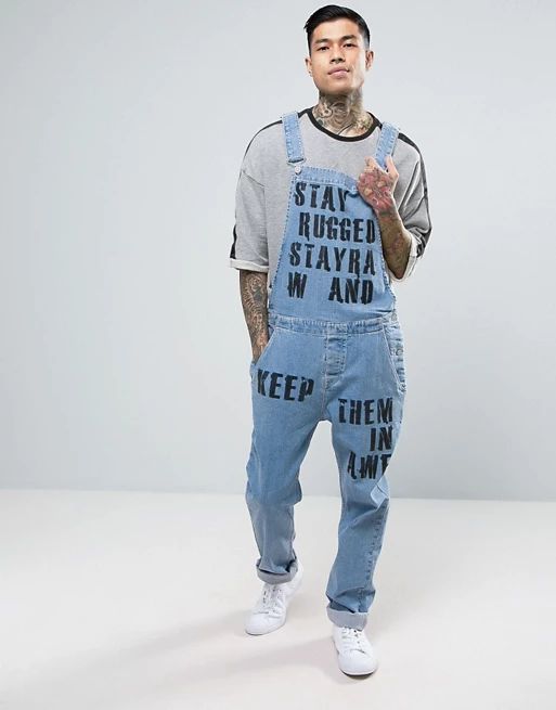 ASOS Denim Overalls In Washed Mid Blue With Text Print | ASOS US